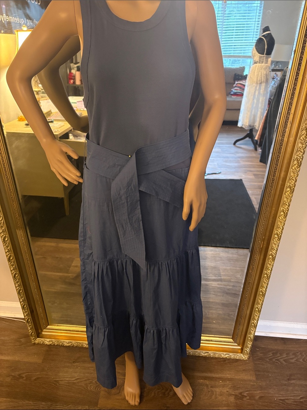 Navy Tiered Maxi Skirt with Waist Tie